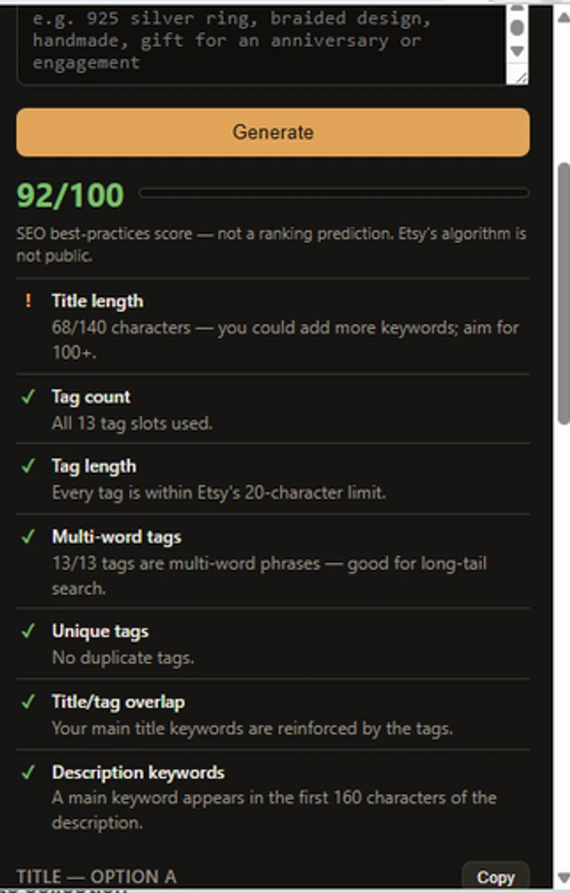 The extension showing a 92 out of 100 SEO score with seven individual best-practice checks, each explained.